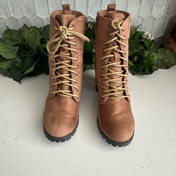 Rue21 Candace Womens Lace-Up Ankle Boots With Heels Size 8 Tan Faux Leather & Su - Picture 1 of 6